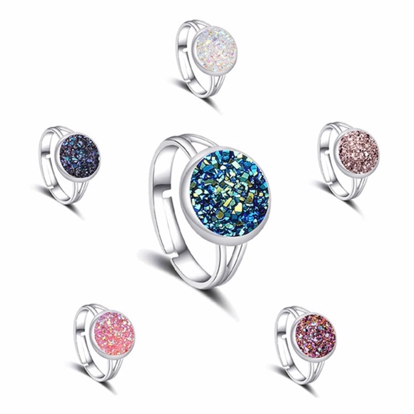 Druzy White Chunky Crystal Adjustable Silver Ring - Picture 4 of 7